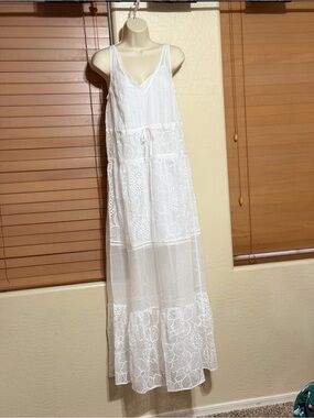 Guess White Eyelet Tiered Maxi Dress